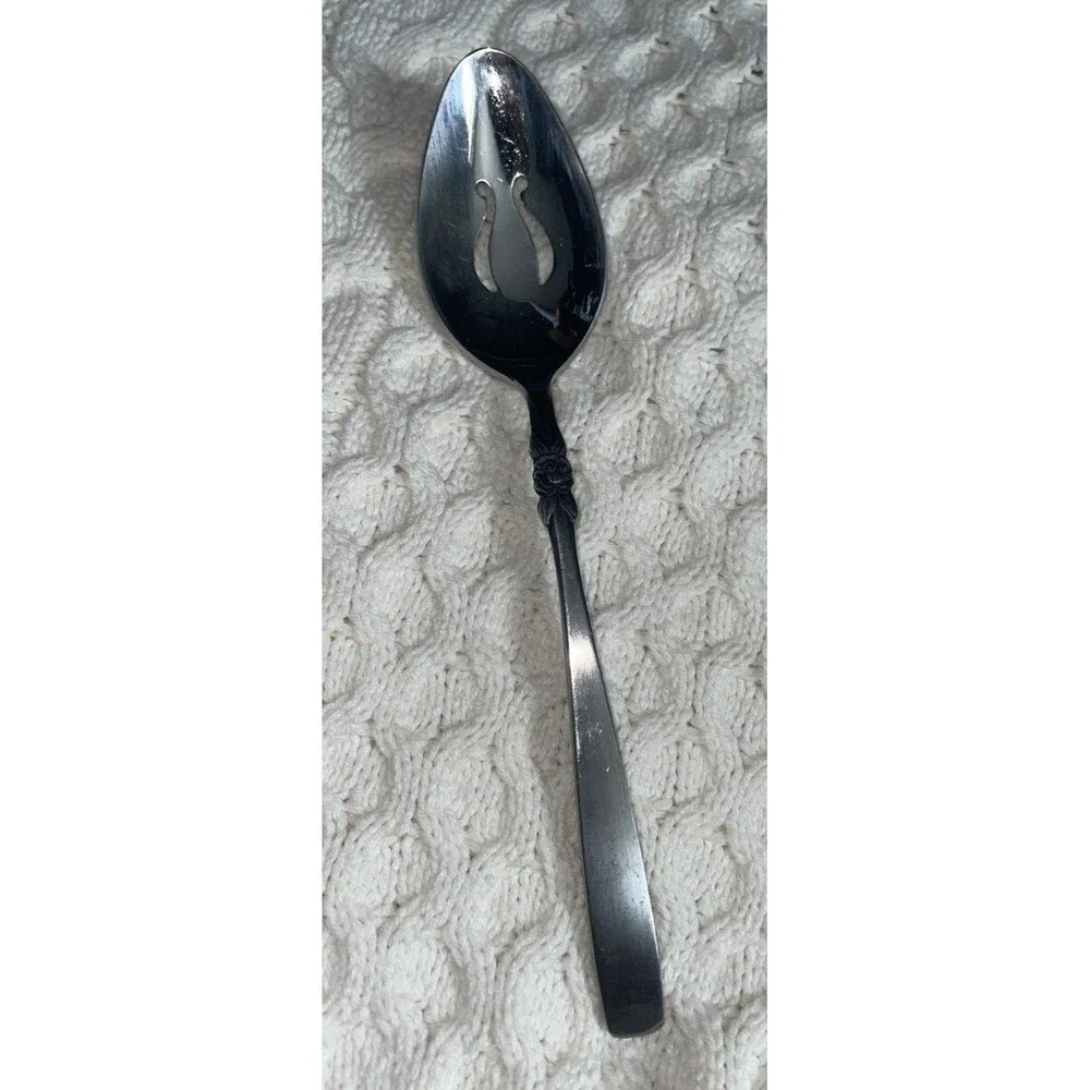 Vintage Bellissima Rose Stainless Japan Pierced Slotted Serving Spoon 8.25